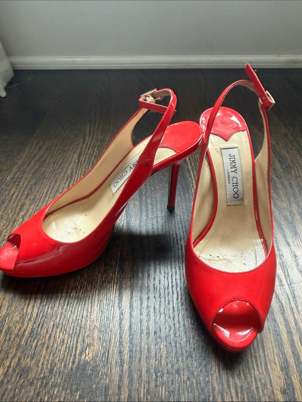 Jimmy Choo orange Red Patent Leather Peep-Toe Slingback Pumps